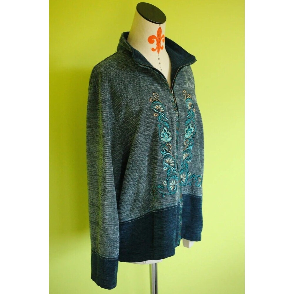 T & COMPANY Sz XL Womens Acrylic Embroidered Lounge Jacket Blazer Full Zip Blue - Picture 4 of 7
